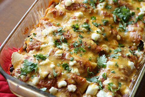 Portabello and black bean enchiladas with roasted poblano sauce