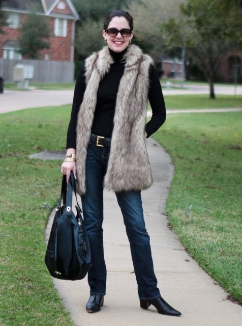 long faux fur vest skinny jeans boots
